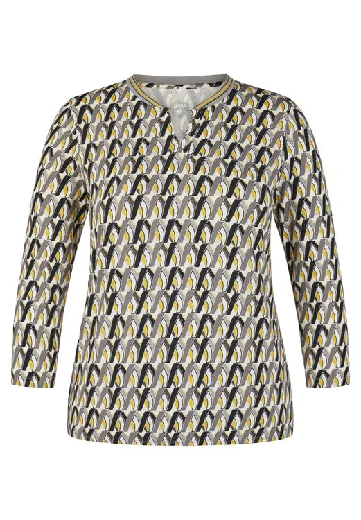 121354- V-neck Yellow Print Long Sleeve T-shirt- Rabe