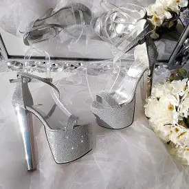 Ankle Strap Silver Shimmer 19 cm High Heel Platform Shoes