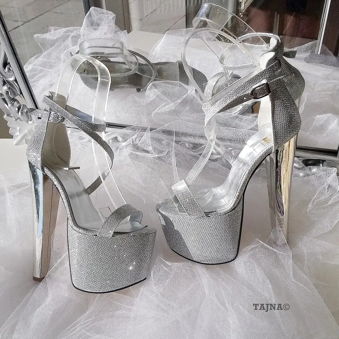 Ankle Strap Silver Shimmer 19 cm High Heel Platform Shoes