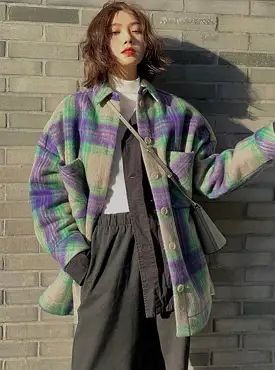 Ashore Shop Autumn Winter Loose Casual Colorful Plaid Woolen Jacket Women