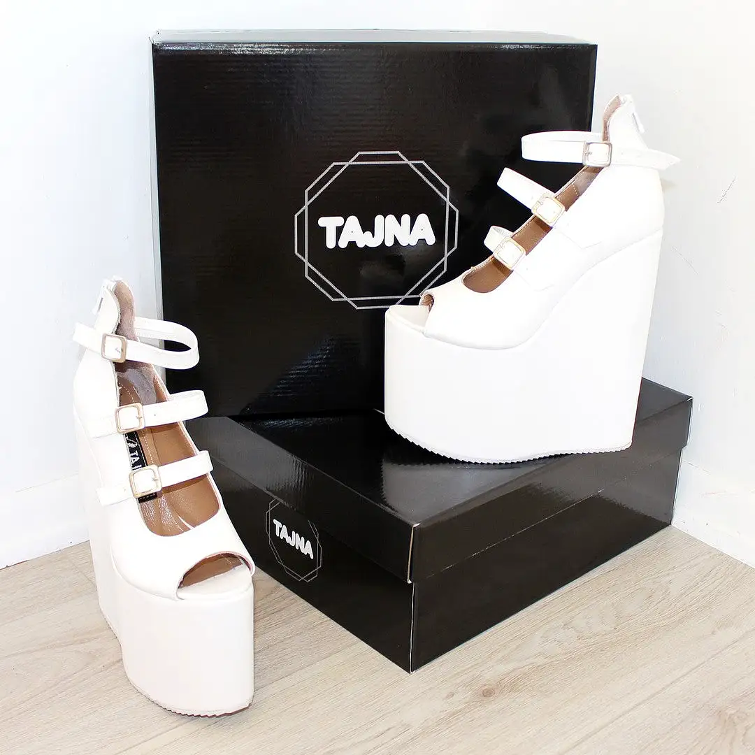 Belted White Peep Toe Wedged Platform Shoes