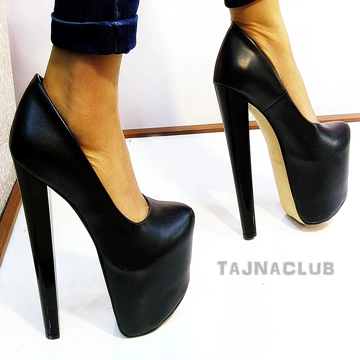 Black Faux Leather 19 cm High Heel Shoes