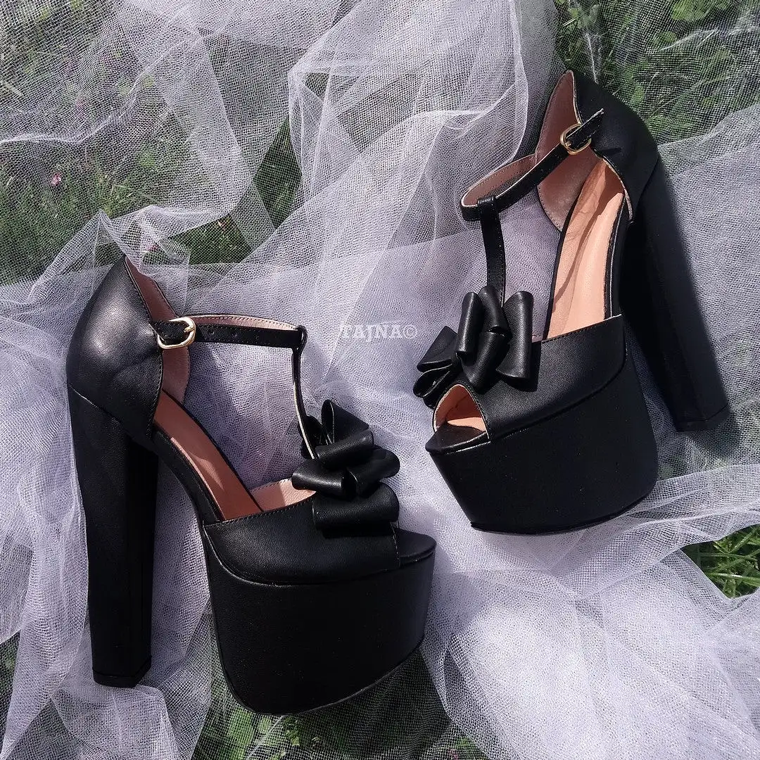 Black Ribbon Detail Chunky High Heel Platform Shoes