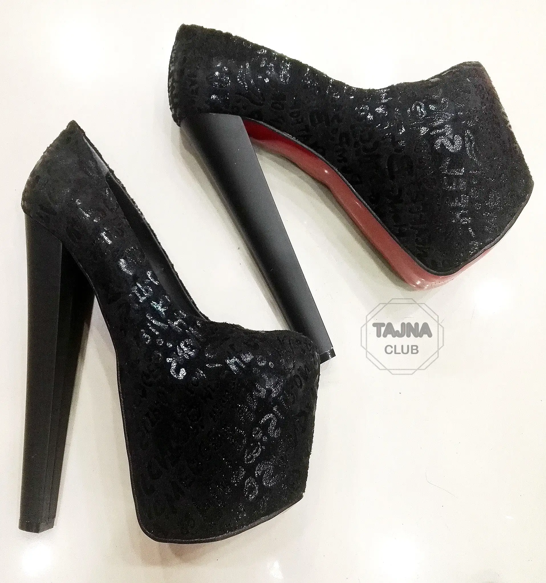 Black Suede Gilt Printed 20 cm High Heel Platform Shoes