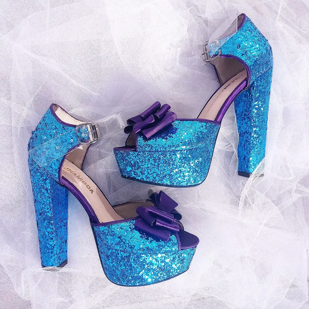 Blue Glitter Heel Platform Shoes