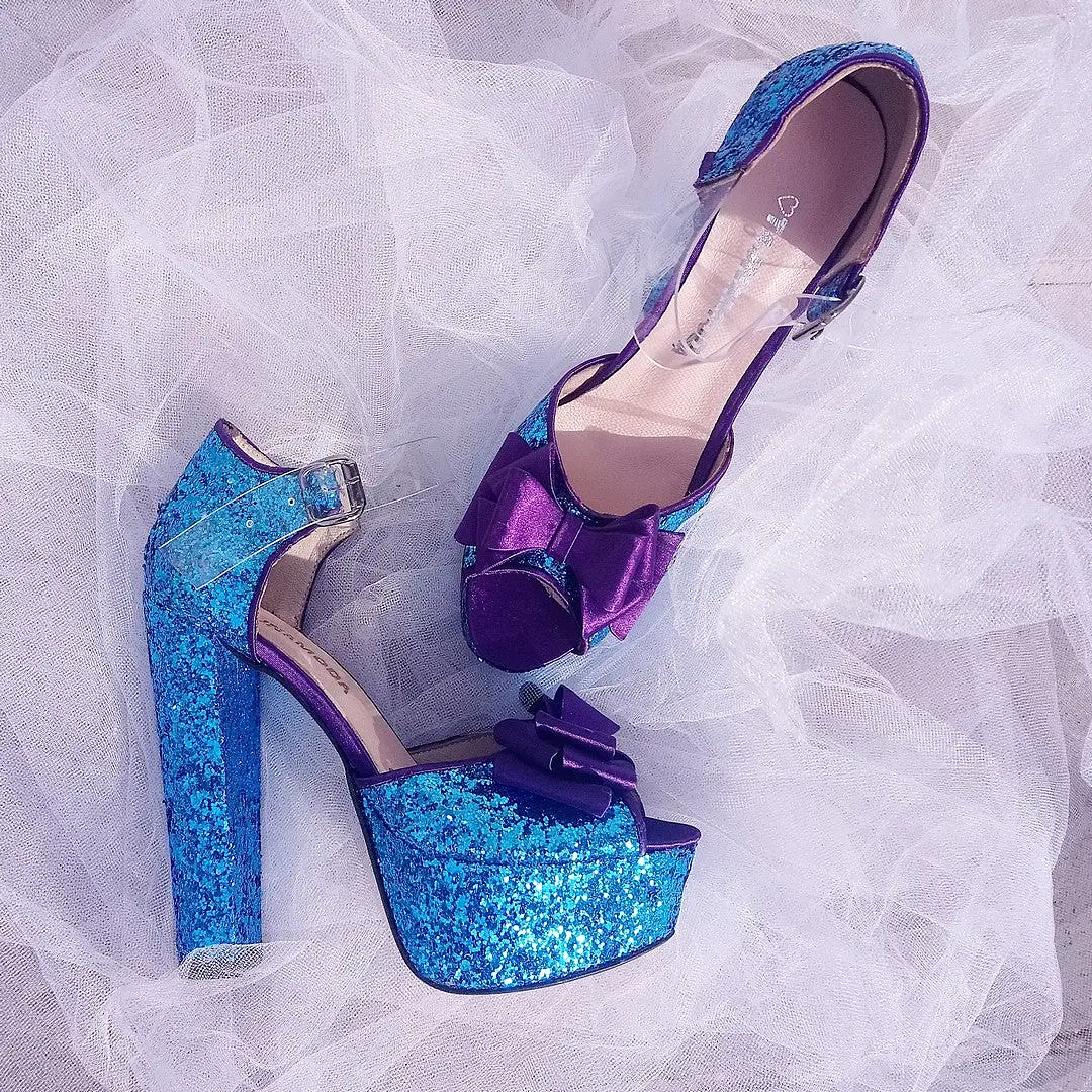 Blue Glitter Heel Platform Shoes