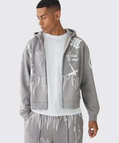 boohooMAN Mens Oversized Boxy All Over Print Graffiti Zip Through Hoodie