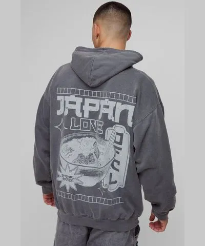 boohooMAN Mens Oversized Washed Japan Graphic Hoodie