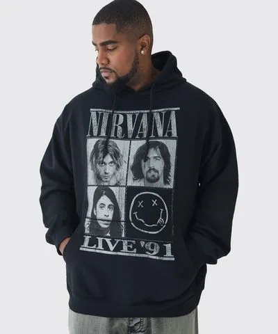 boohooMAN Mens Plus Oversized Nirvana License Print Hoodie