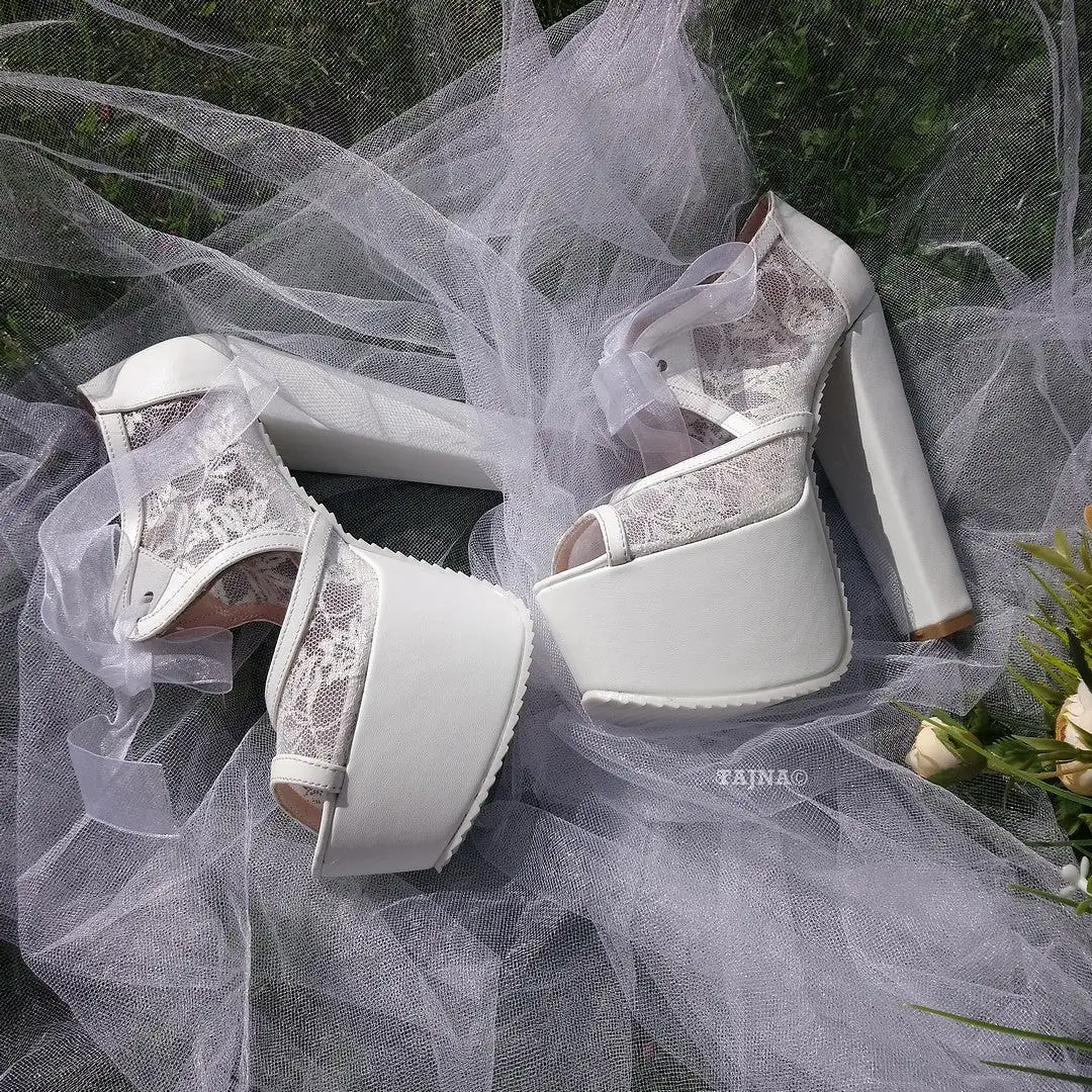 Bridal White Lace Shoes With Chunky High Heel Platforms