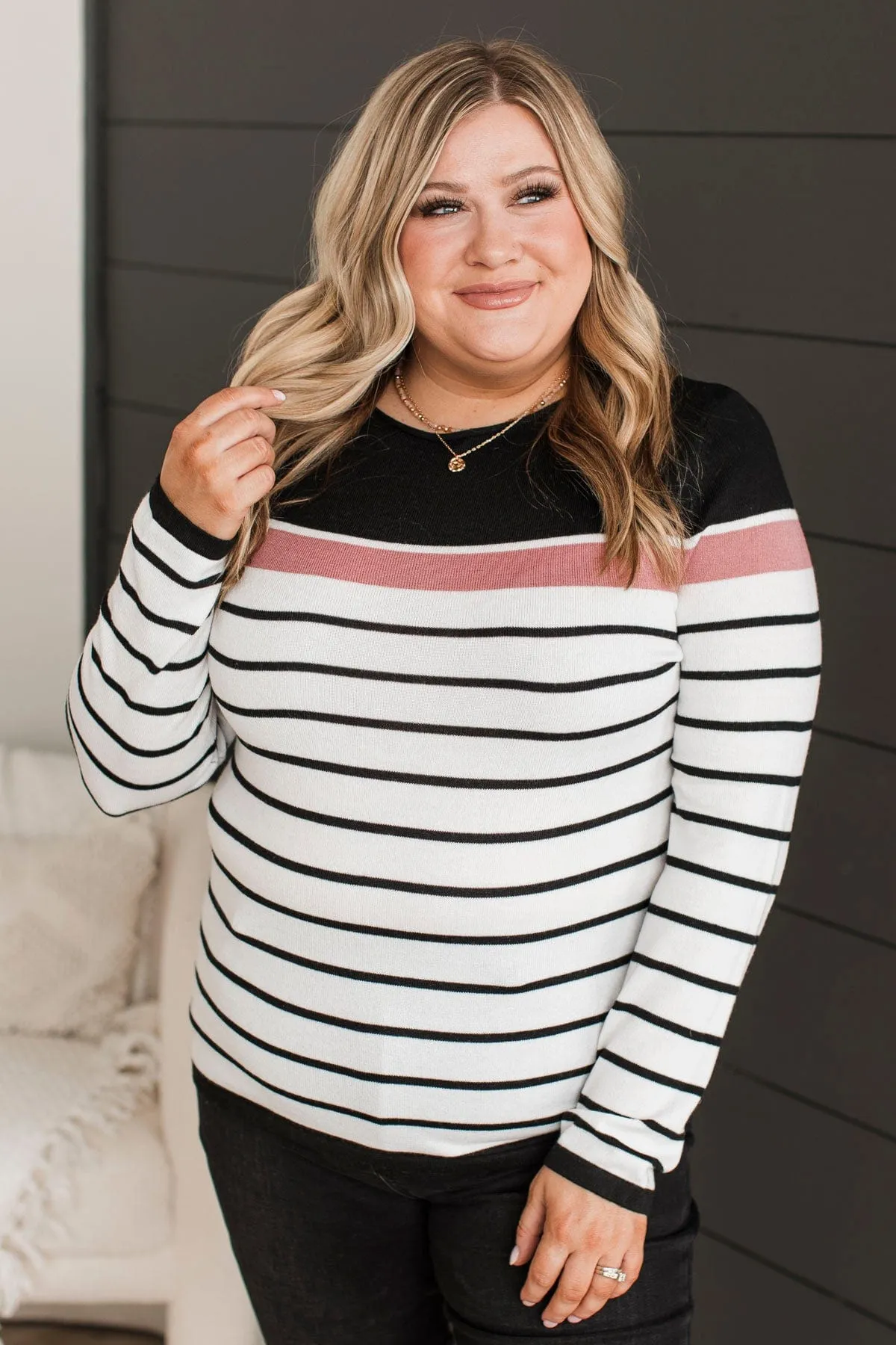 Can't Stay Away Striped Sweater- Black & Pink