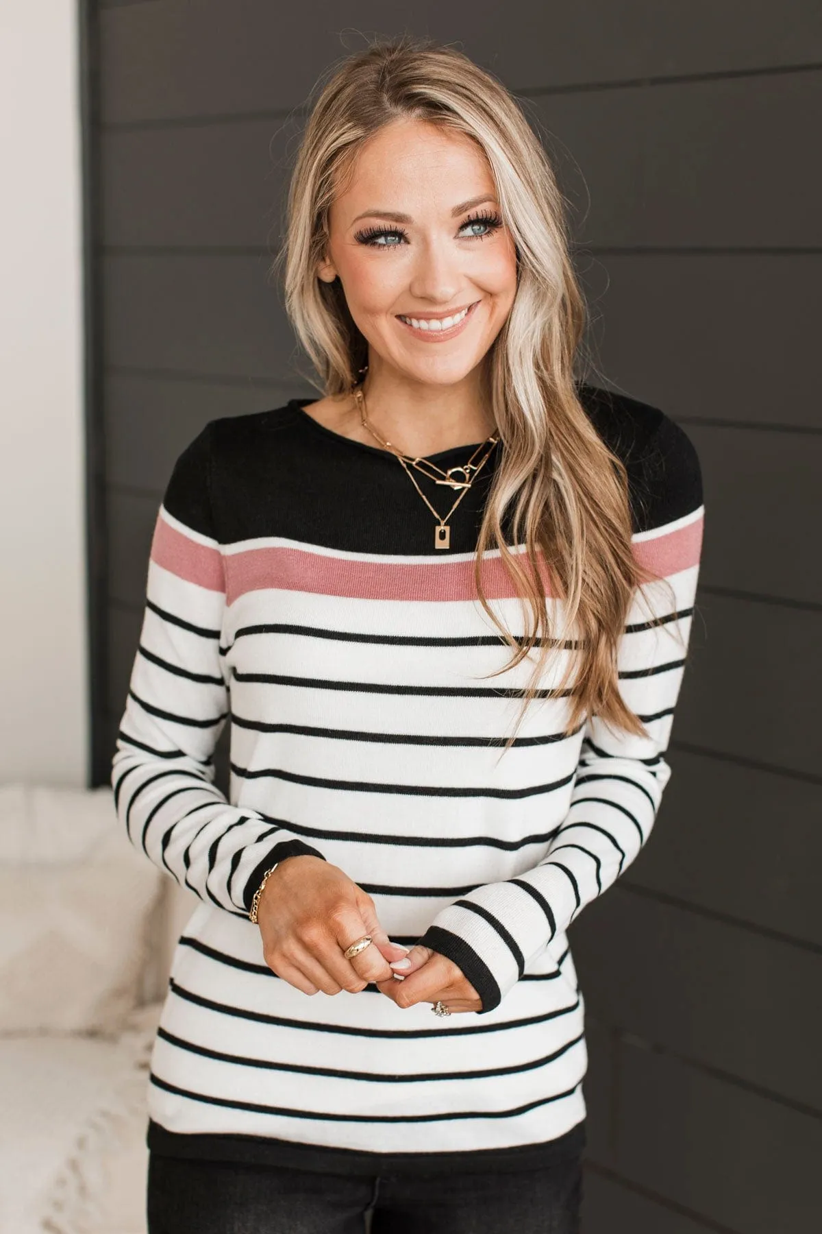 Can't Stay Away Striped Sweater- Black & Pink