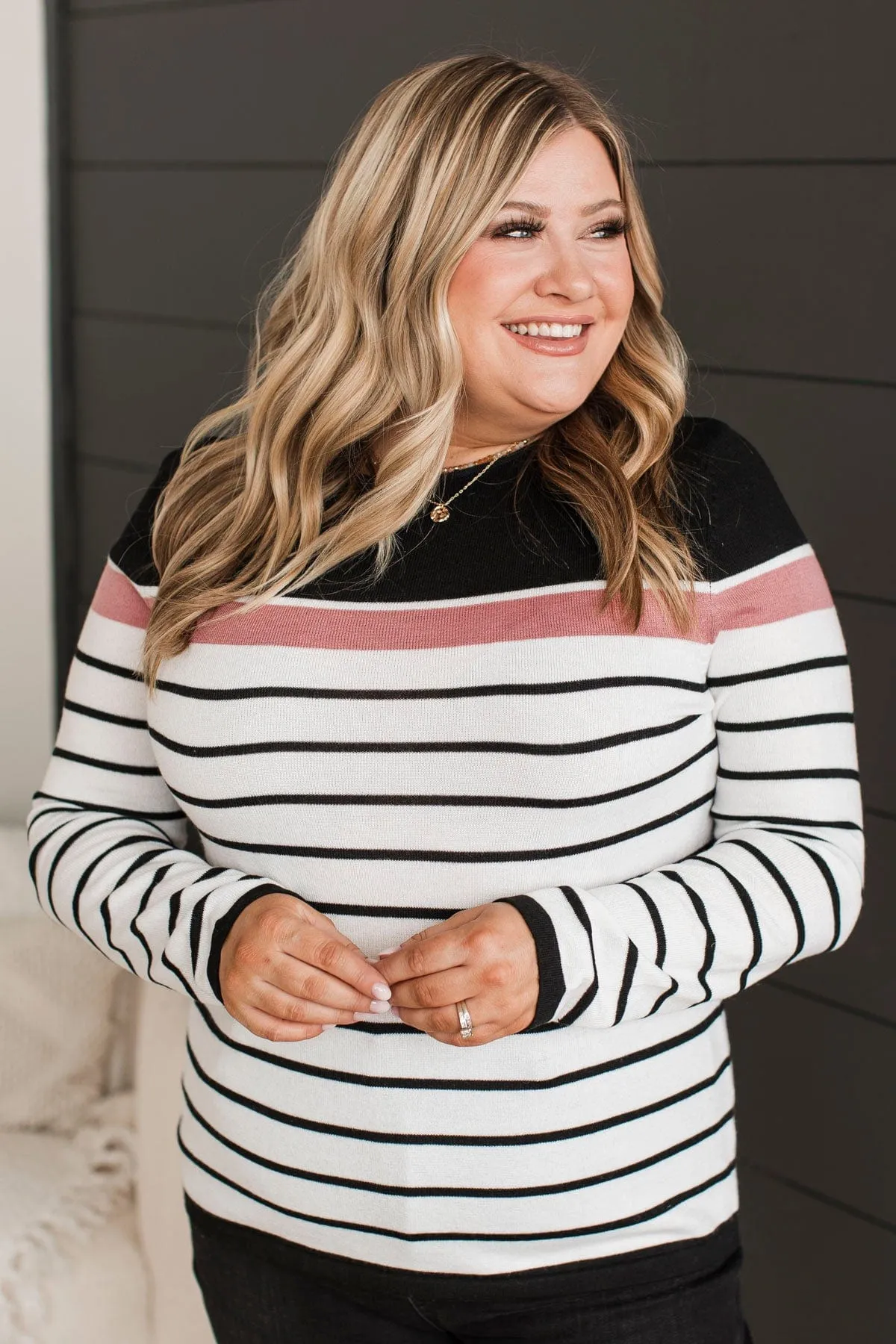 Can't Stay Away Striped Sweater- Black & Pink