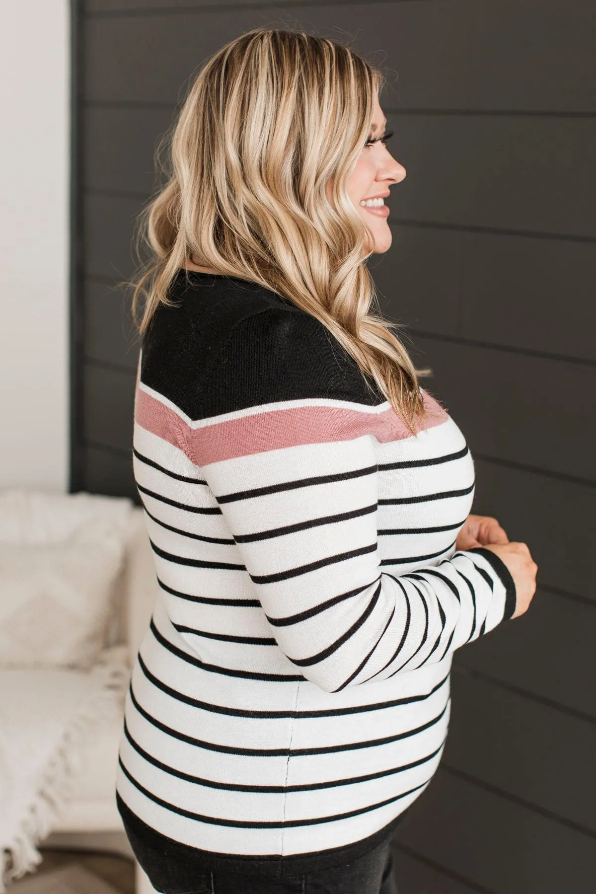 Can't Stay Away Striped Sweater- Black & Pink