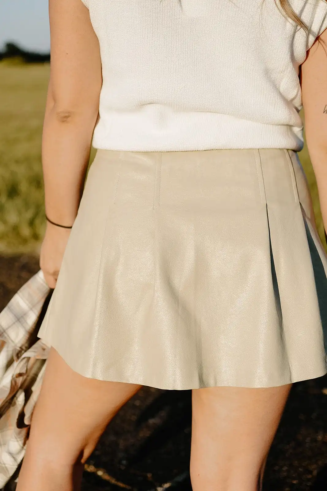 Cream Pleated Leather Skort