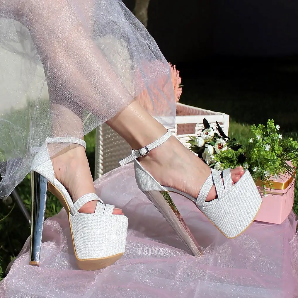 Cross Strap White Silver Shimmer Bridal Platform Shoes