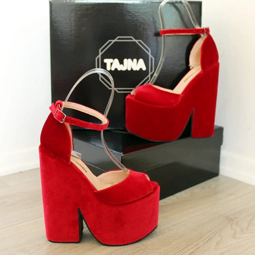 Dark Red Velvet High Heel Wedge Platform Shoes