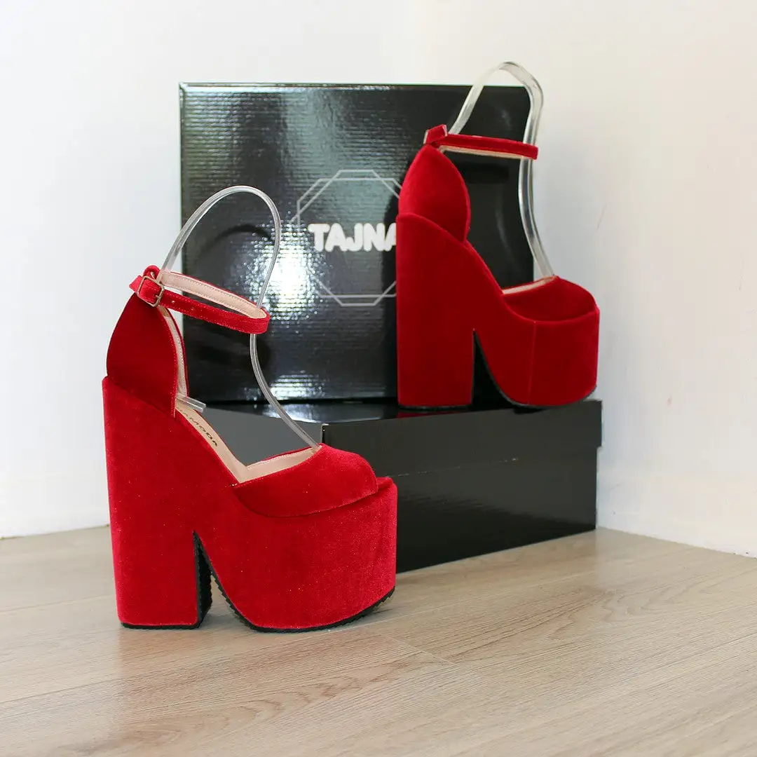 Dark Red Velvet High Heel Wedge Platform Shoes