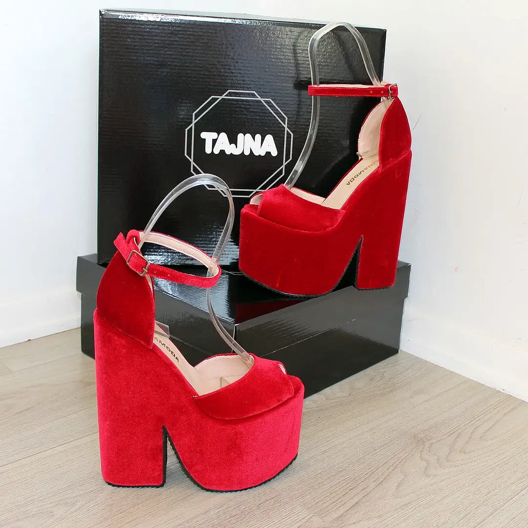 Dark Red Velvet High Heel Wedge Platform Shoes