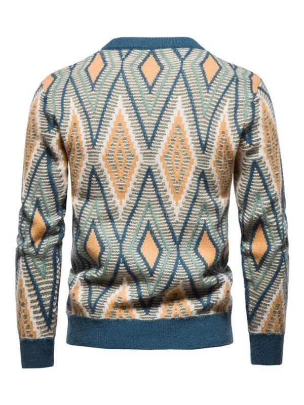 Diamond Jacquard Men Crew Neck Pullover Sweater