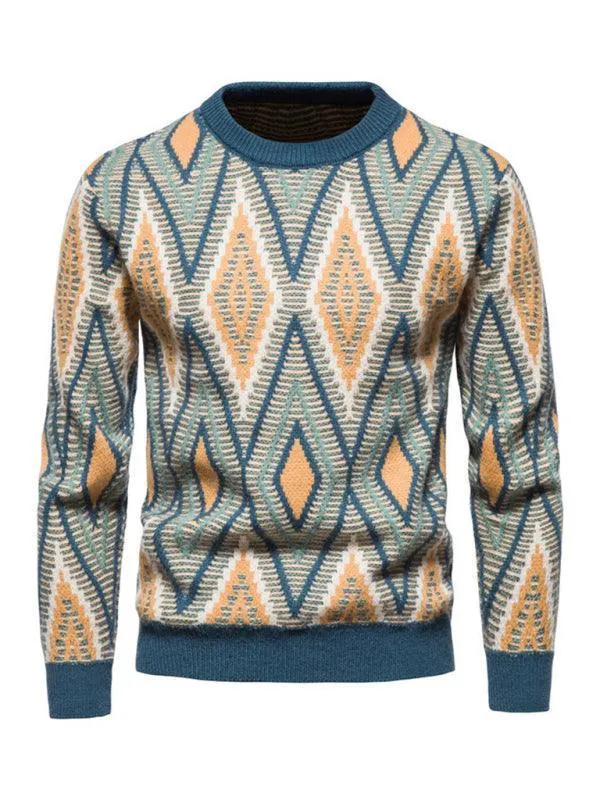 Diamond Jacquard Men Crew Neck Pullover Sweater