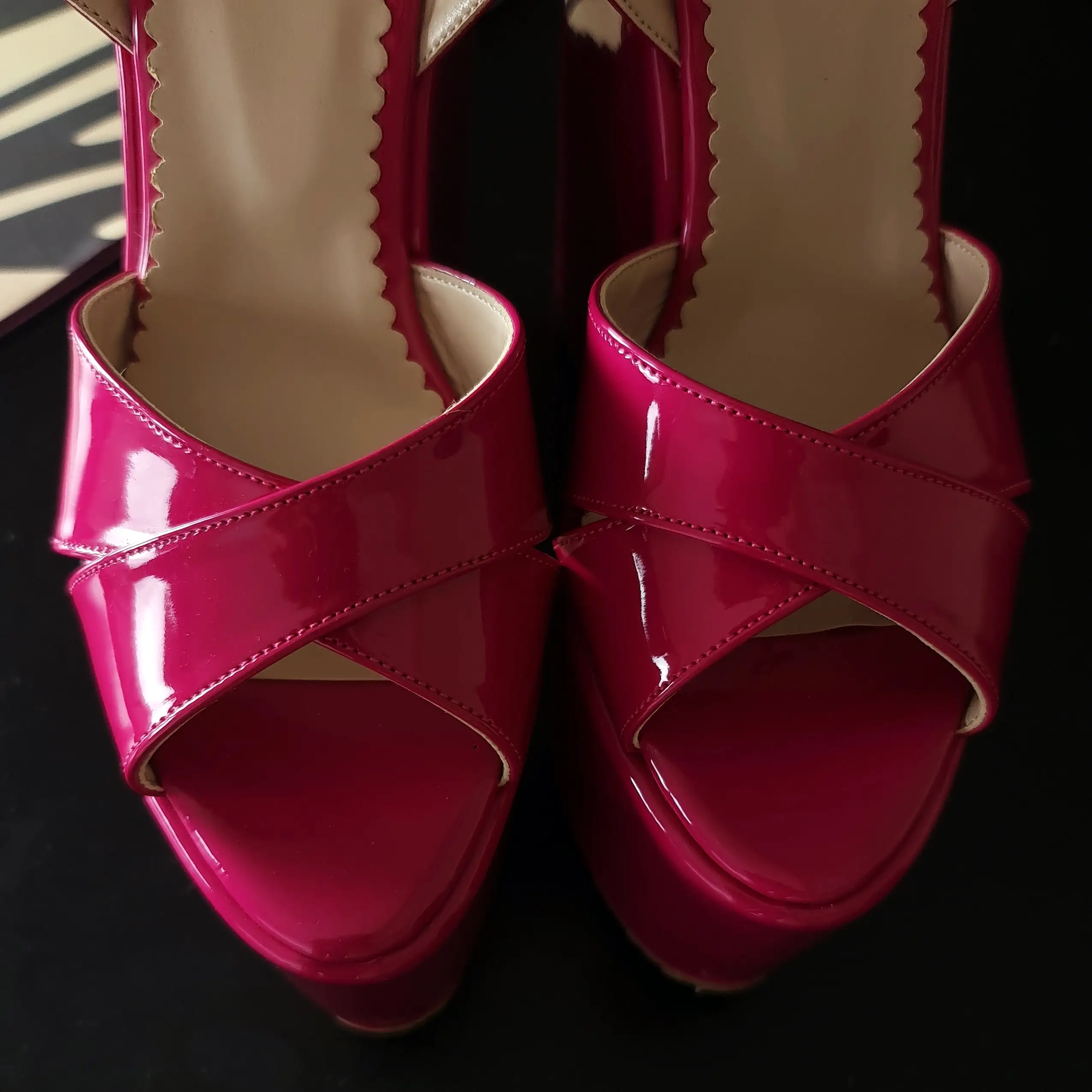 Fuschia Pink Gloss High Heel Wedge Platform Shoes