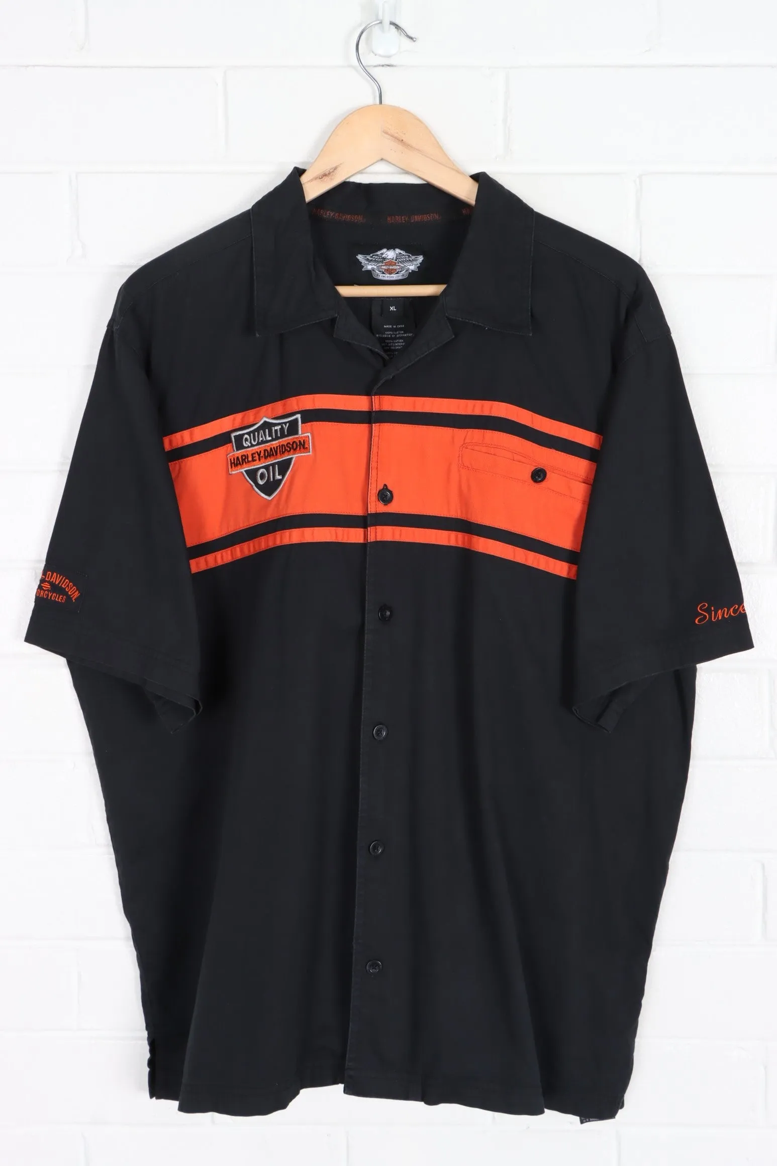 HARLEY DAVIDSON Quality Oil Black & Orange Colour Block Shirt (XL)