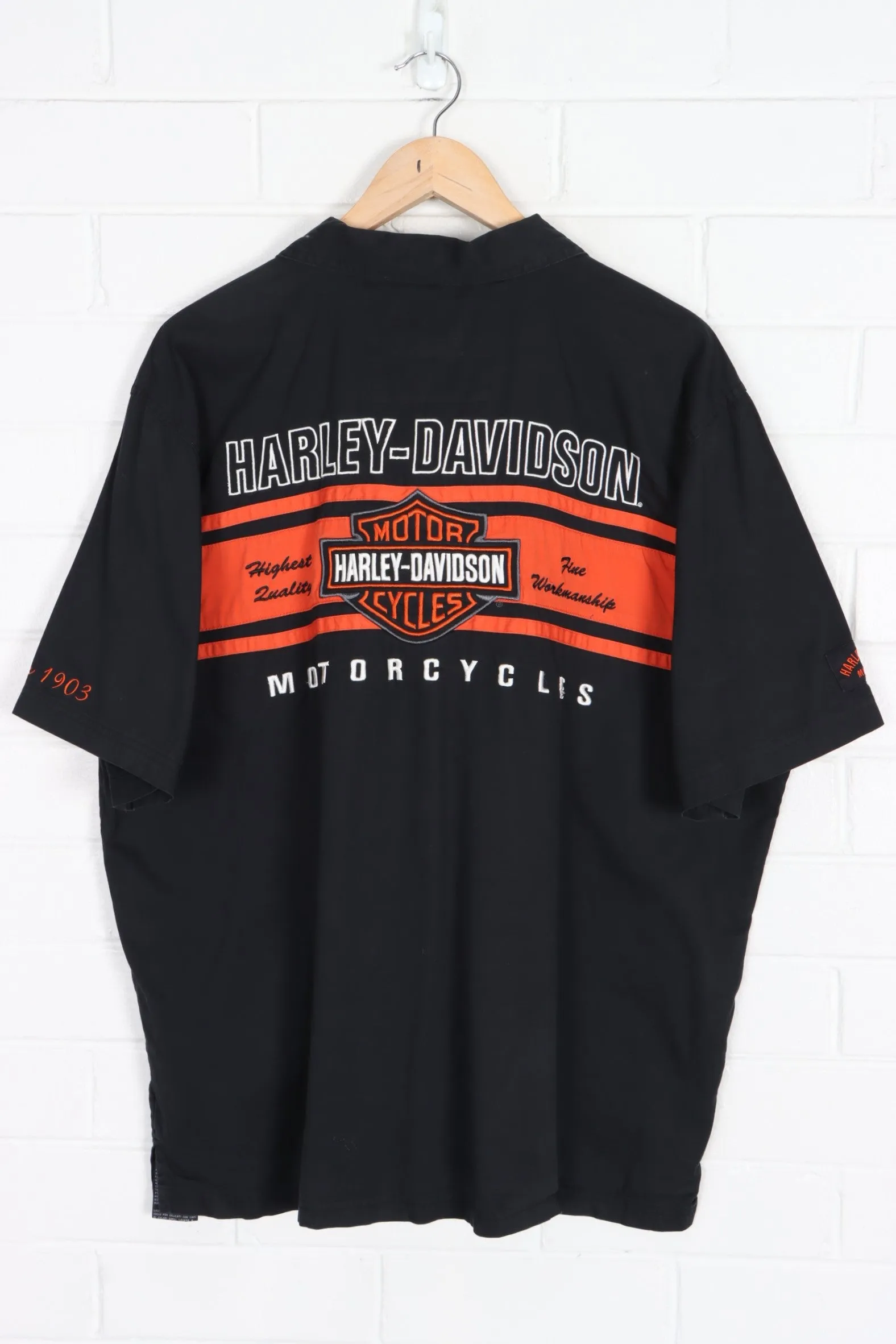 HARLEY DAVIDSON Quality Oil Black & Orange Colour Block Shirt (XL)