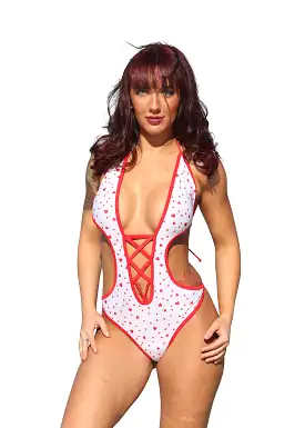 Heart Print Monokini With Thong Bottom