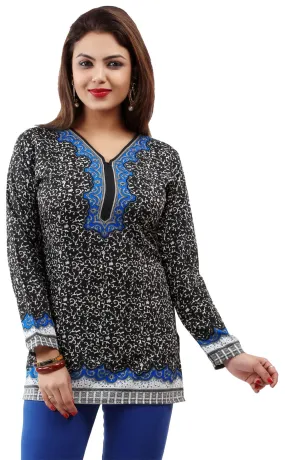 India Tunic Top Kurti Womens Printed Blouse Indian Apparel (Black/Blue, XS)