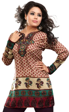 India Tunic Top Short Kurti Women's Printed Indian Clothing (Brown)