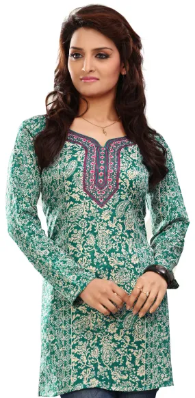 India Tunic Top Short Kurti Women's Printed Indian Clothing (Green)