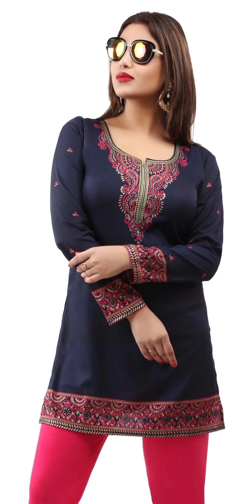 Indian Kurti Women's Tunic Top Printed Blouse India Clothing (Dark Blue)