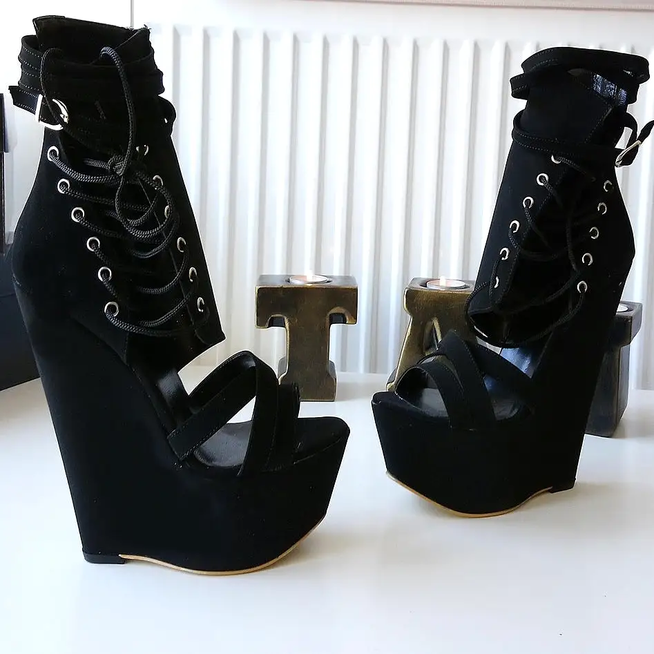 Lace Up Black  High Heel Wedge Shoes