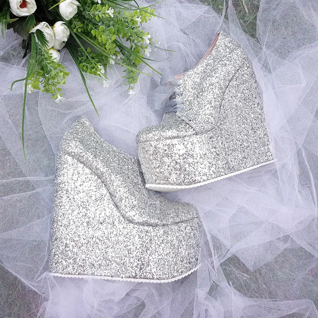 Lace Up Silver Shimmer Platform Wedge Shoes