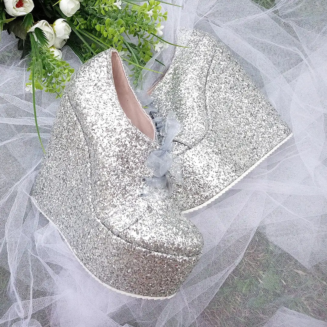 Lace Up Silver Shimmer Platform Wedge Shoes