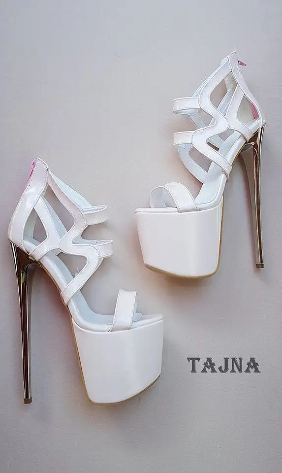 Laser Cage Cream Patent High Heel Platform Shoes