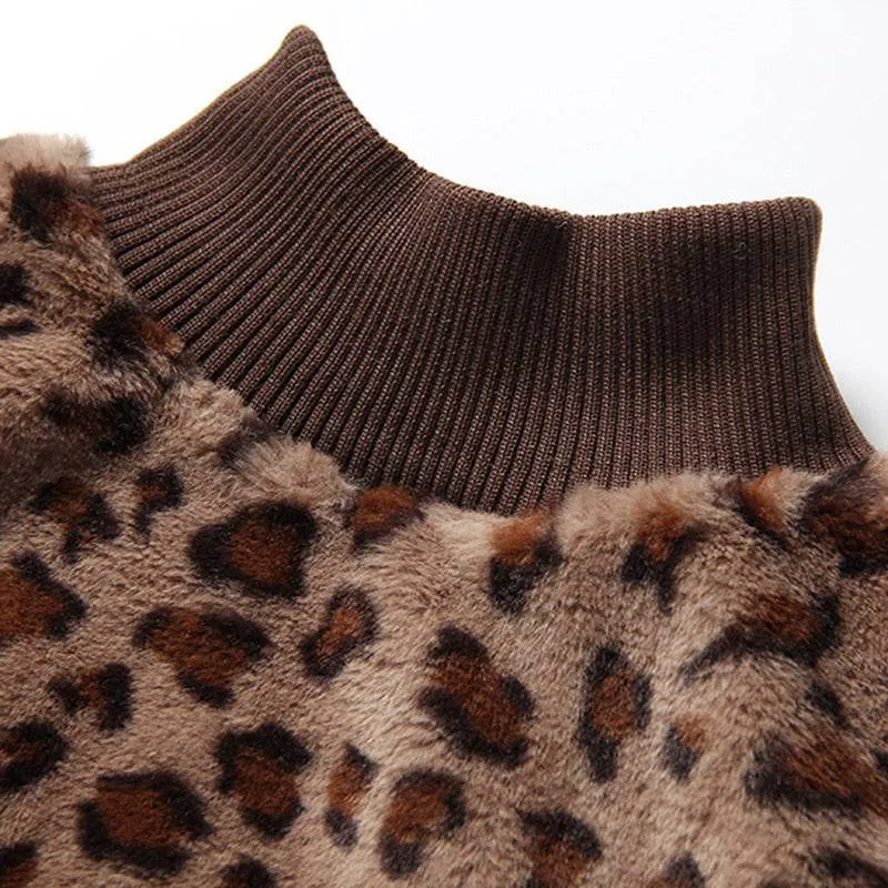 Leopard Print High Neck Fluffy Warm Sweater