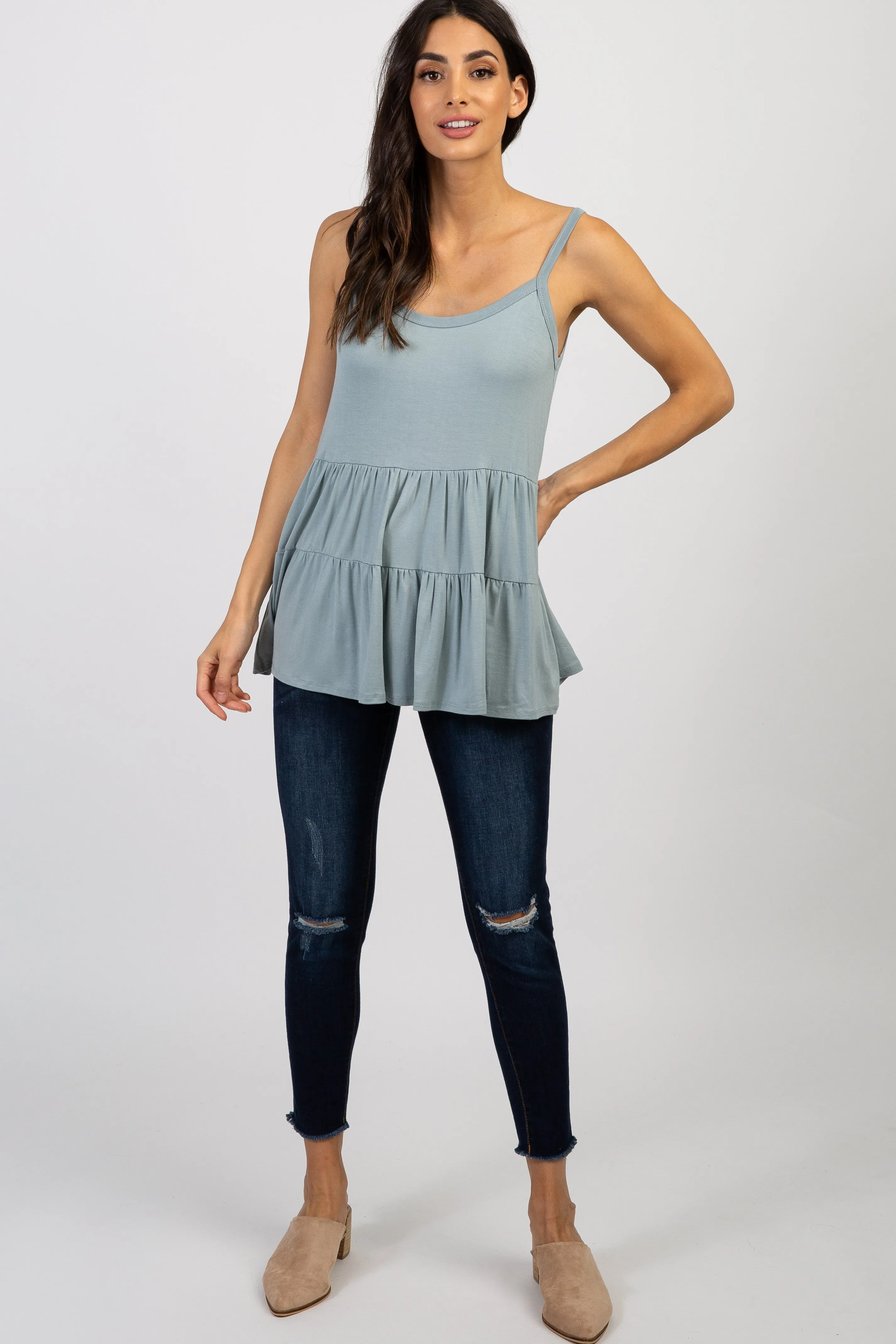 Light Blue Solid Ruffle Peplum Top