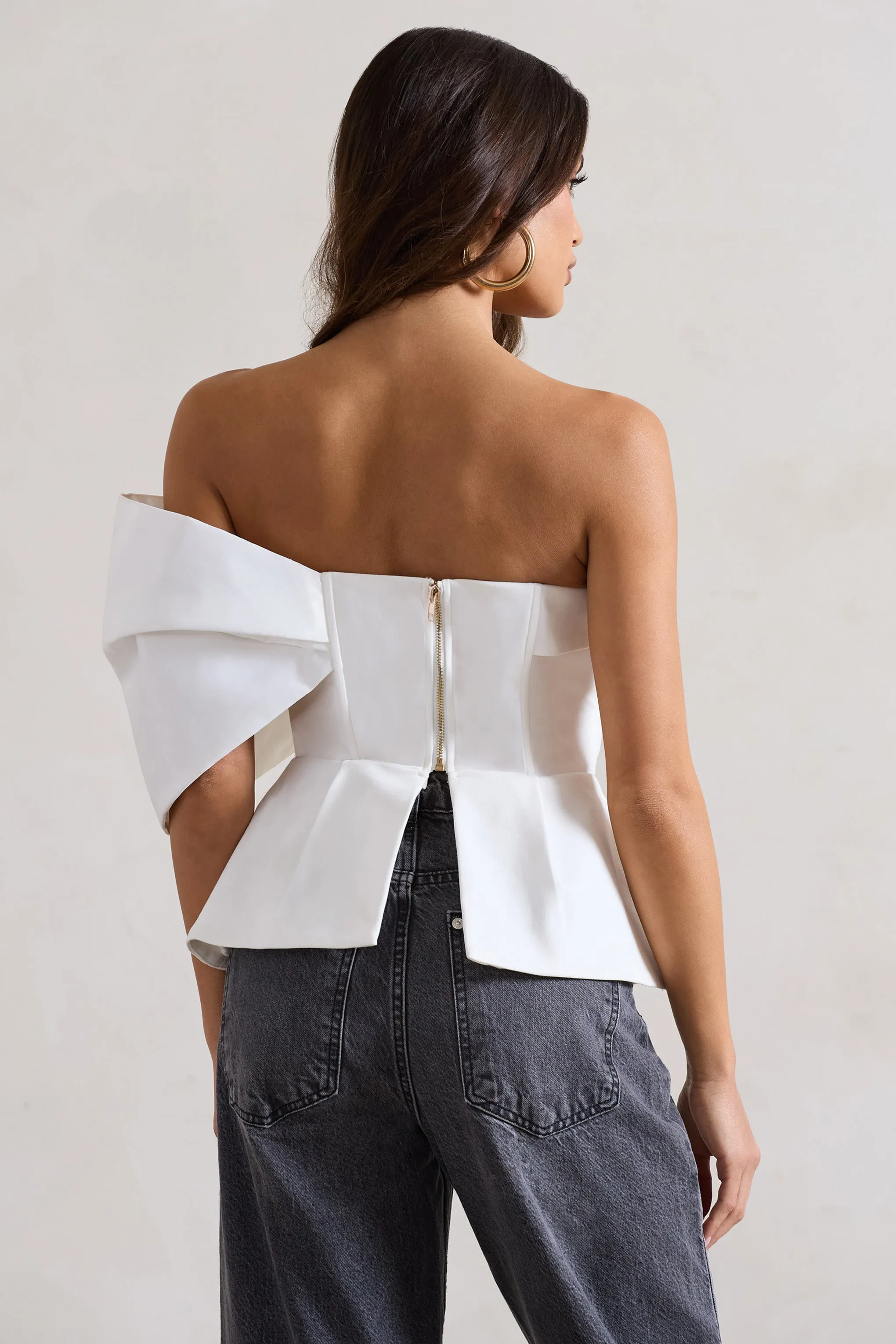 Mayfair | White Asymmetric Bardot Top With Peplum Hem