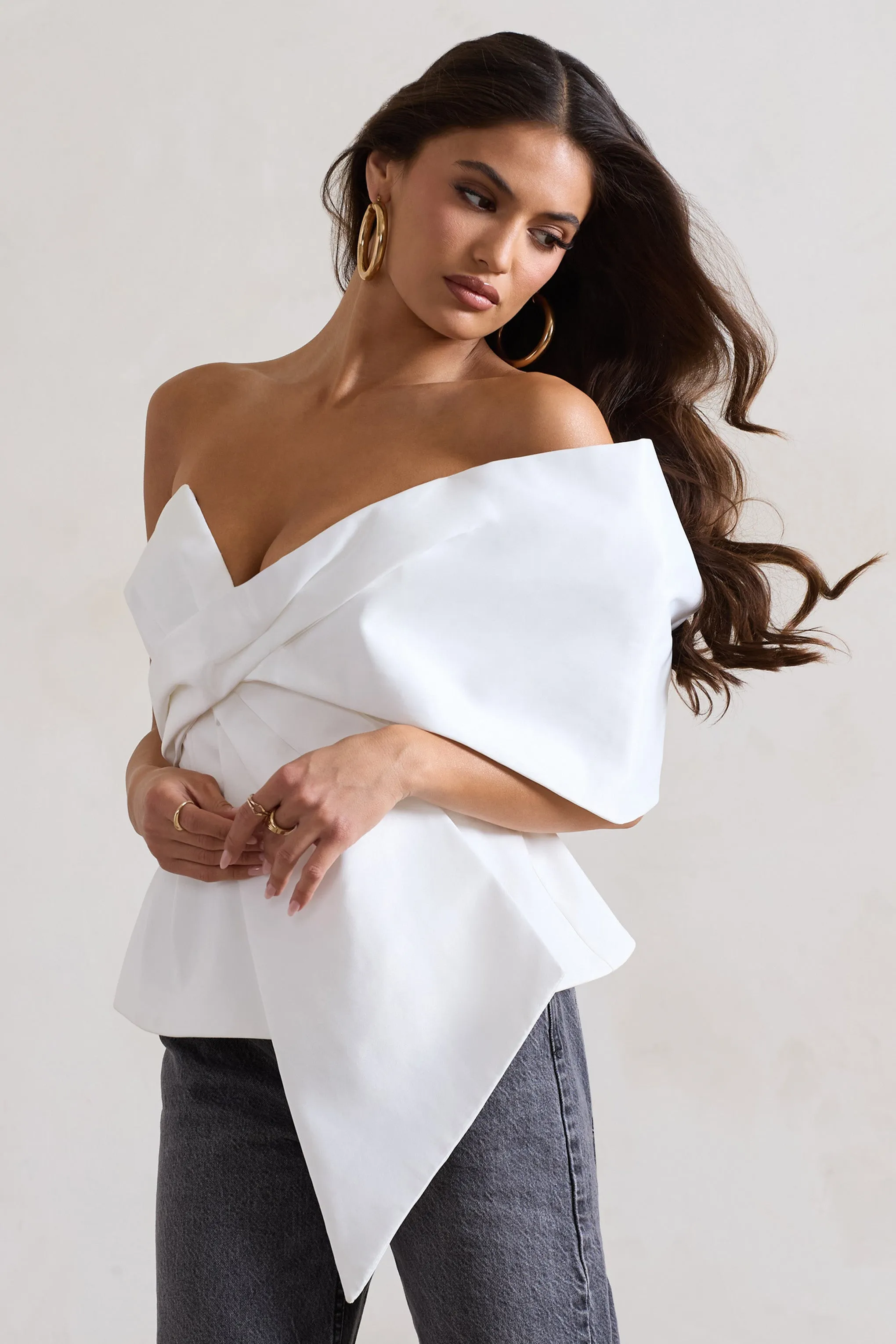 Mayfair | White Asymmetric Bardot Top With Peplum Hem