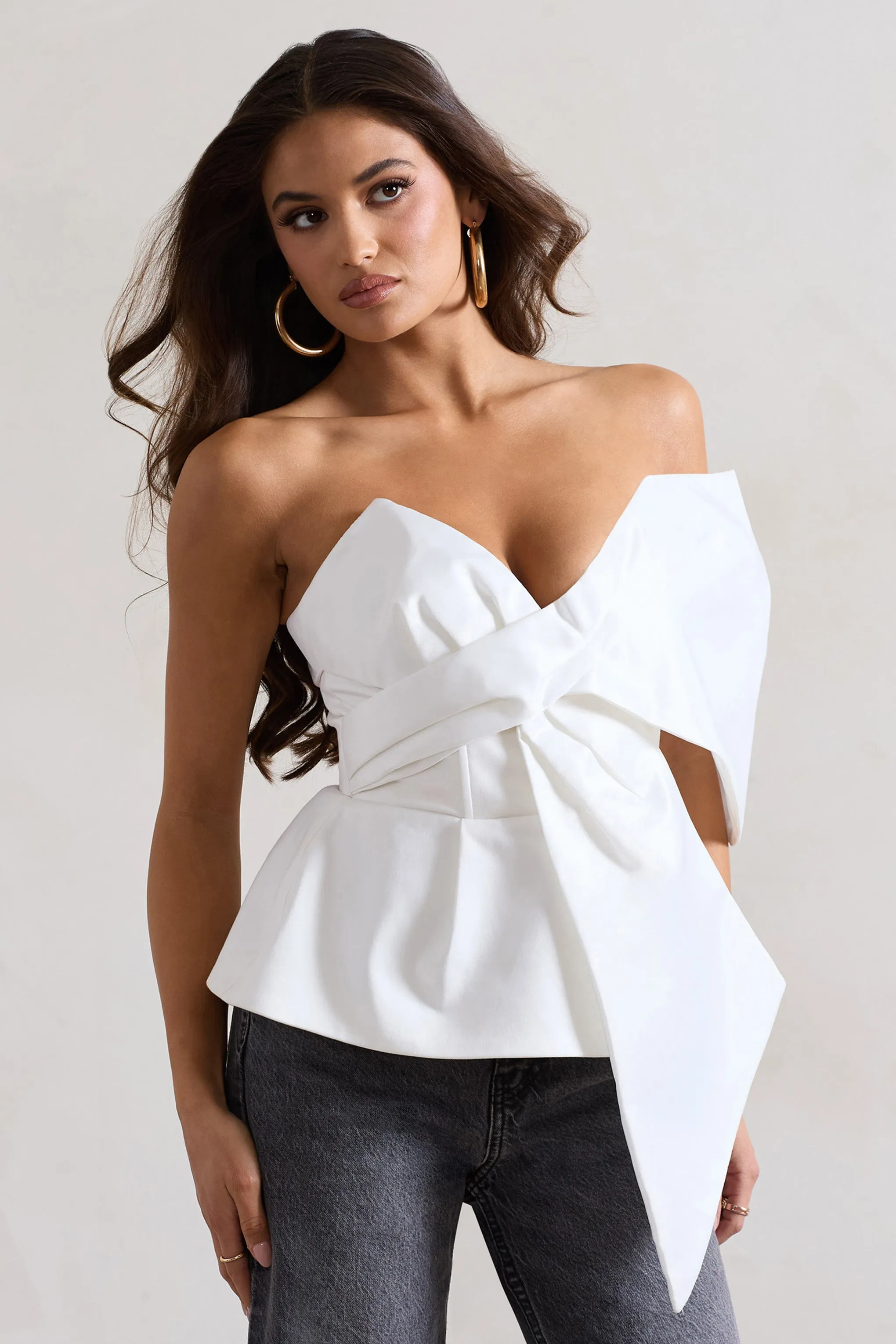 Mayfair | White Asymmetric Bardot Top With Peplum Hem