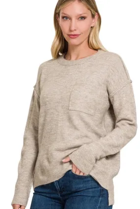 Melange Hi-Low hem Round Neck Sweater