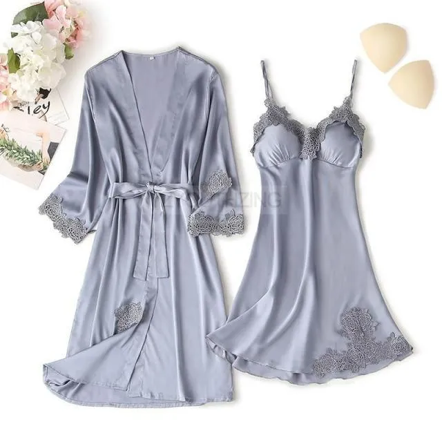 Pajama Set Women Lace Trim Satin Sleepwear Pyjamas Pour Femme