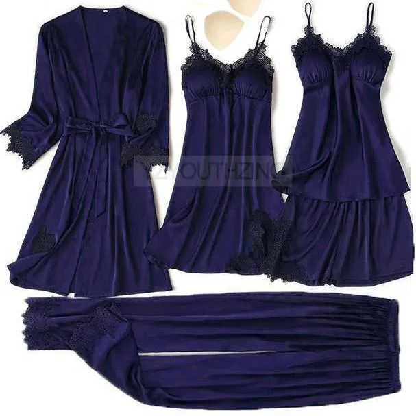 Pajama Set Women Lace Trim Satin Sleepwear Pyjamas Pour Femme