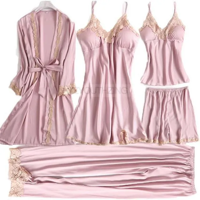 Pajama Set Women Lace Trim Satin Sleepwear Pyjamas Pour Femme