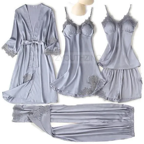 Pajama Set Women Lace Trim Satin Sleepwear Pyjamas Pour Femme