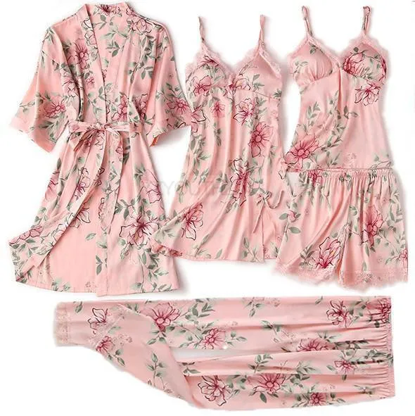 Pajama Set Women Lace Trim Satin Sleepwear Pyjamas Pour Femme