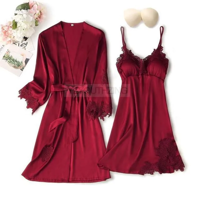 Pajama Set Women Lace Trim Satin Sleepwear Pyjamas Pour Femme