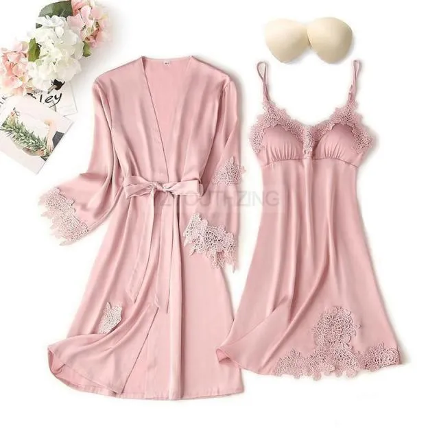 Pajama Set Women Lace Trim Satin Sleepwear Pyjamas Pour Femme